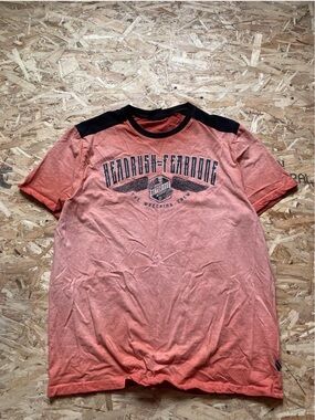 Orange Headrush Y2K Short-Sleeve Graphic Tee with Black Shoulder Accents